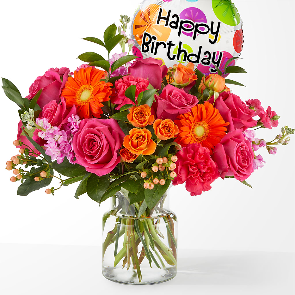 Fiesta Bouquet with Birthday Balloon – Designs By Lakeland Flowers, Plant City FL