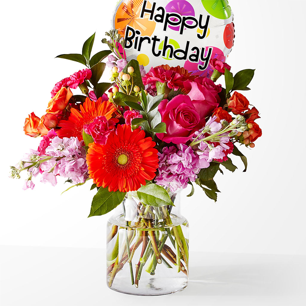 Fiesta Bouquet with Birthday Balloon – Designs By Lakeland Flowers, Plant City FL