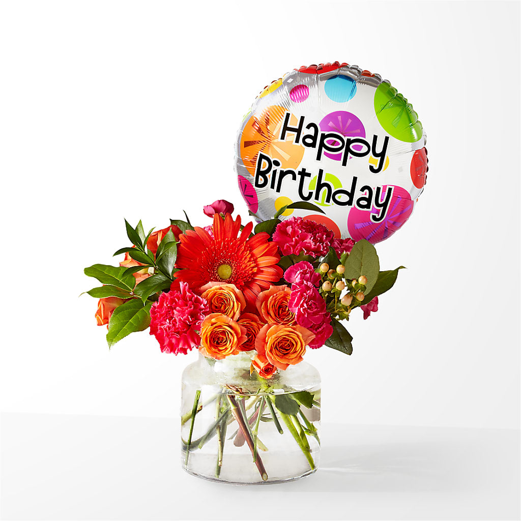 Fiesta Bouquet with Birthday Balloon – Designs By Lakeland Flowers, Plant City FL