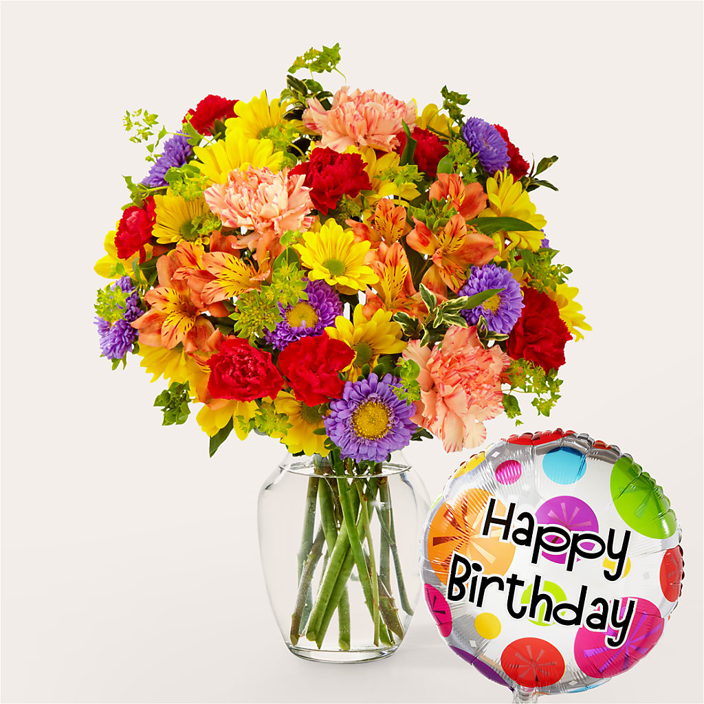 Kaleidoscope Bouquet with Birthday Balloon – Designs By Lakeland Flowers, Plant City FL