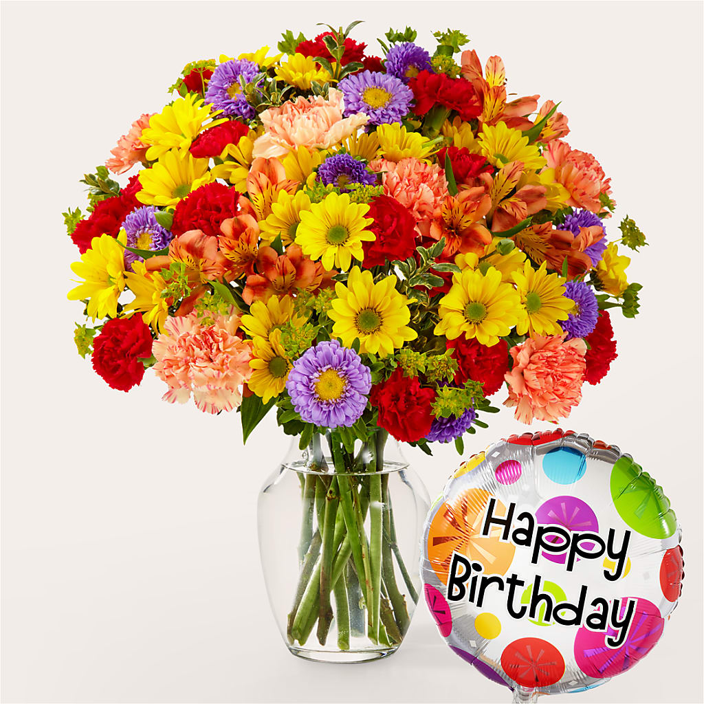 Kaleidoscope Bouquet with Birthday Balloon – Designs By Lakeland Flowers, Plant City FL