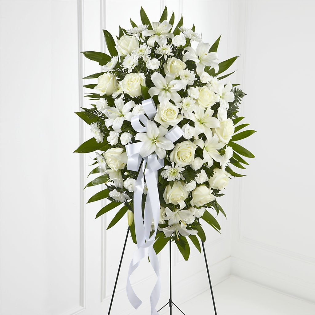 Exquisite Tribute Standing Spray-White Ribbon – Designs By Lakeland Flowers, Plant City FL